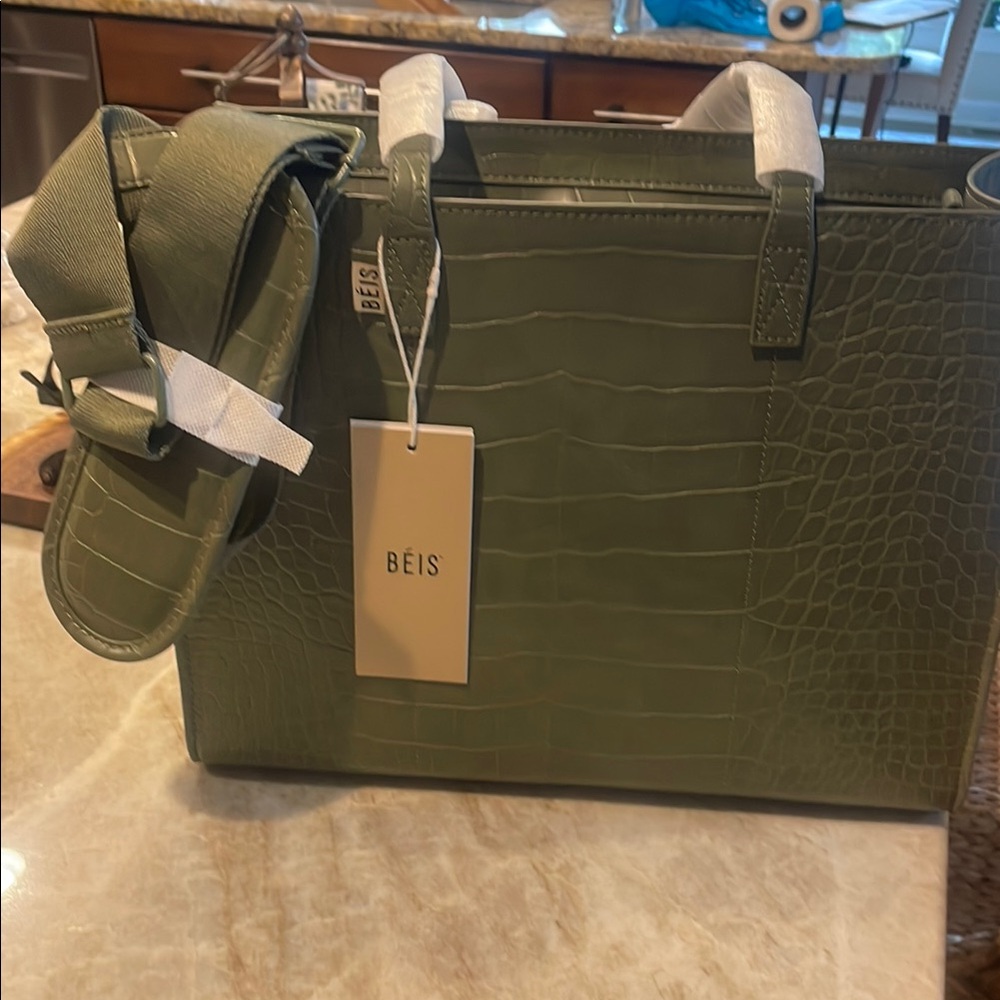 BEIS - NWT Olive Green Crocodile Embossed Work Tote Bag